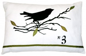 Linen Bird on Branch with Green and number pillow Linen Bird on Branch with Green and number pillow