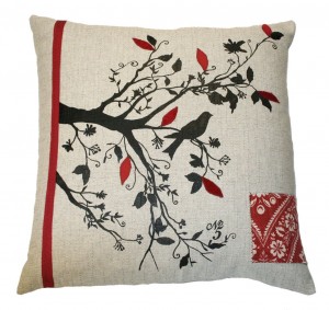 Silk Screen Bird on Tree Pillow with Red Silk Screen Bird on Tree Pillow with Red
