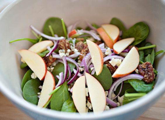 Baked Brie Spinach Salade with Curried Pecans